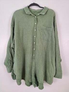 Aerie Pool-to-Party Green Cotton Gauze Lightweight Long-sleeve Romper Shorts XL